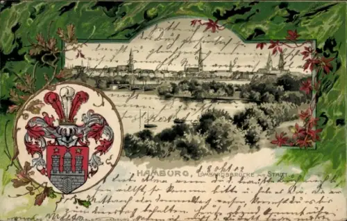 Präge Wappen Passepartout Litho Hamburg Mitte Altstadt, Lombardsbrücke