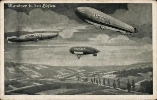 Ak Manöver in den Lüften, Zeppelin, Schütte-Lanz, Parseval