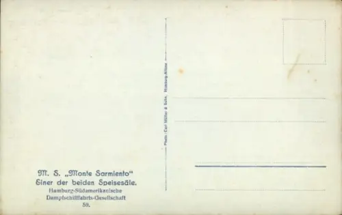 Ak HSDG Dampfer Monte Sarmiento, Zweischraubenmotorschiff, Einer der beiden Speisesäle