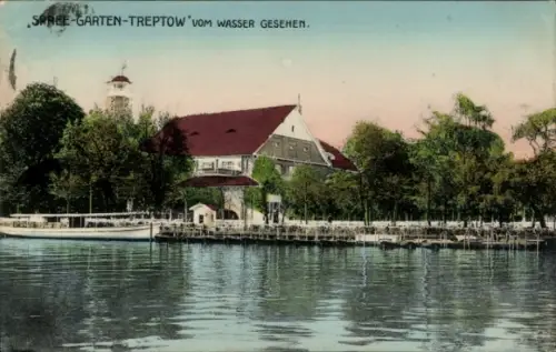 Ak Berlin Treptow, Spree-Garten, Blick vom Wasser