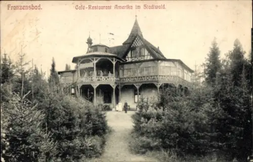 Ak Františkovy Lázně Franzensbad Region Karlsbad, Café-Restaurant Amerika im Stadtwald