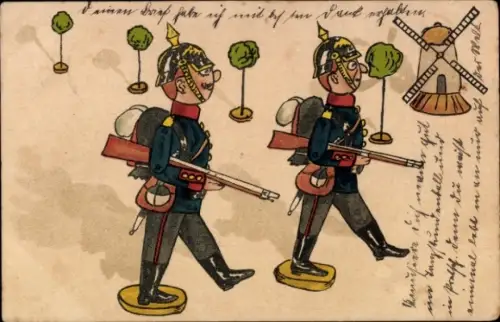 Ak Patrouille, deutsche Soldaten, Uniformen, Windmühle