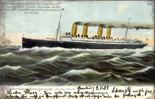 Ak Dampfschiff Deutschland, HAPAG, Doppelschrauben Schnelldampfer