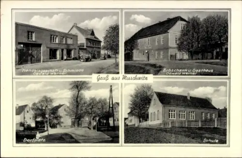 Ak Muschwitz Lützen im Burgenlandkreis, Geschäft, Schmiede, Dorfplatz, Schule, Gasthaus