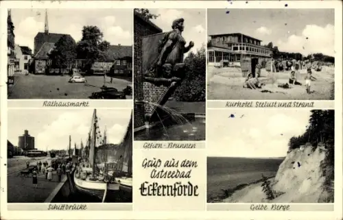 Ak Ostseebad Eckernförde, Rathausmarkt, Schiffbrücke, Kurhotel Seelust und Strand, Gelbe Berge