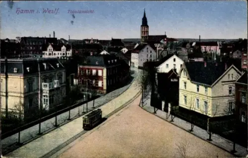 Ak Hamm in Westfalen, Totalansicht, Straßenbahn