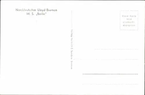 Ak Dampfschiff MS Berlin, Norddeutscher Lloyd Bremen, Ansicht Steuerbord