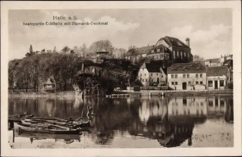Ak Cröllwitz Halle an der Saale, Saalepartie mit Bismarck-Denkmal