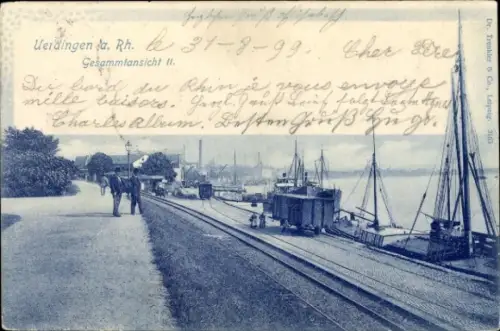 Ak Uerdingen Krefeld am Niederrhein, Gesamtlansicht am Rhein, Schiffe, Uferpromenade, 1899
