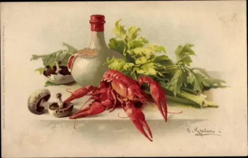 Künstler Litho Klein, Catharina, Stillleben, Hummer, Pilze, Sellerie, Meissner & Buch 1167
