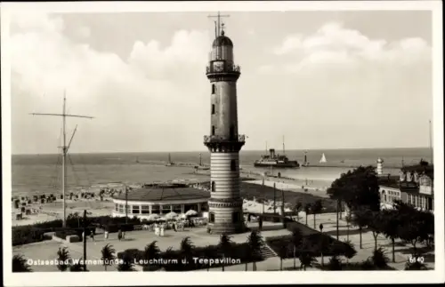 Ak Ostseebad Warnemünde Rostock, Leuchtturm und Teepavillon