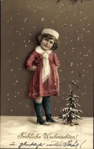 Ak Glückwunsch Weihnachten, Mädchen, Tannenbaum, Schnee