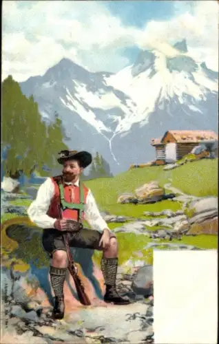 Litho Mann in bayerischer Tracht, Porträt, Gebirge
