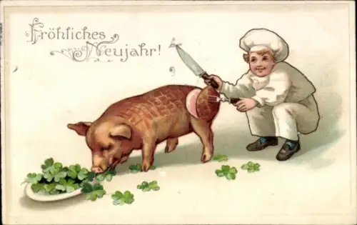 Ak Glückwunsch Neujahr, Schwein, Braten, Glücksklee, Koch