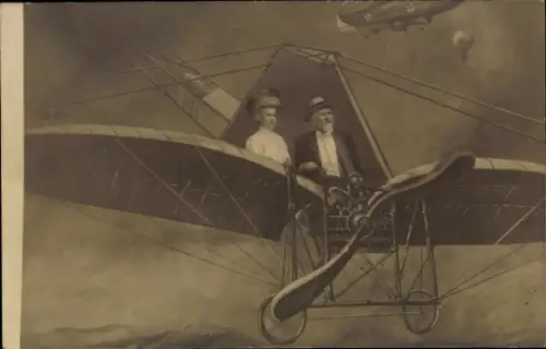 Foto Ak Ehepaar, Flugzeug, Eindecker
