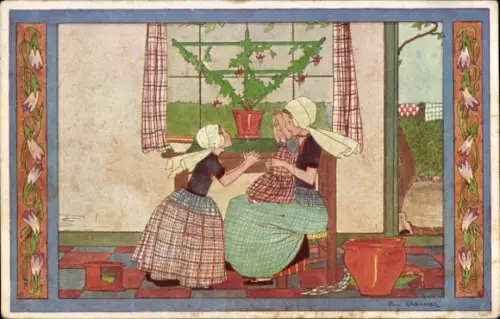 Passepartout Künstler Ak Cramer, R., Kinderdeuntjes mit Grootmoeders tijd, Draai er het Wieltje...