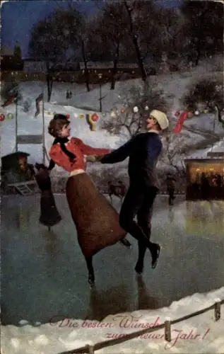 Ak Glückwunsch Neujahr, Paar beim Eislaufen