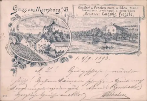 Vorläufer Litho Meersburg am Bodensee, Gesamtansicht, Gasthof und Pension zum wilden Mann