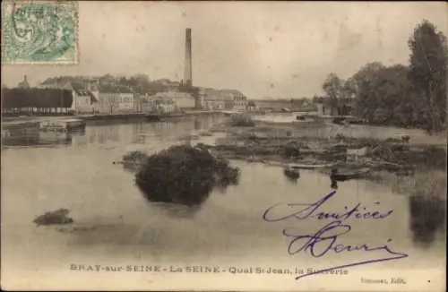 Ak Bray sur Seine Seine et Marne, Seine, Quai Saint Jean, Sucrerie, Schornstein