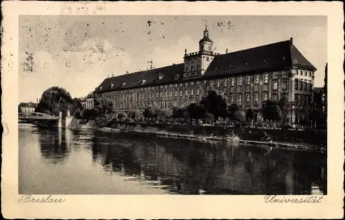 Ak Wrocław Breslau Schlesien, Universität  Flussansicht,  Architektur