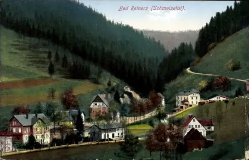 Ak Duszniki Zdrój Bad Reinerz Schlesien, Landschaft mit Häusern, Hügeln, Fluss, Wald, farbige Gra