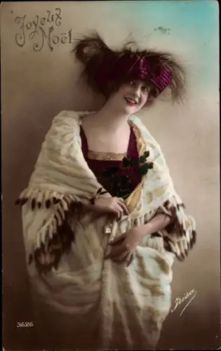Ak Weihnachten, Frau mit Hut, Portrait