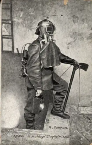 Ak Pompiers, Appareil de sauvetage Gluglielminetti, Feuerwehrmann