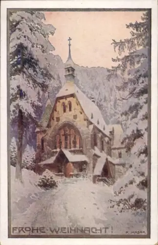Künstler Ak Moser, R., Glückwunsch Weihnachten, Kirche, Tannenbäume