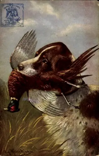 Künstler Ak Müller, M., Jagdhund mit erlegtem Fasan