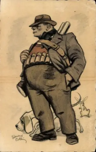 Künstler Ak Jäger, Jagdhund, Gewehr