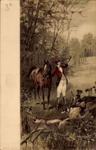 Künstler Ak Heyer, Jagd, Horn, Jagdhunde, Pferd
