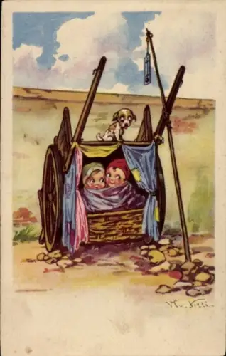 Künstler Ak Kinder wohnen in einem Handkarren, Hund