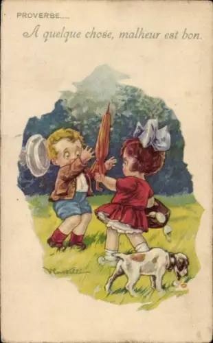 Künstler Ak Streitende Kinder, Sonnenschirm, Zerbrochene Eier