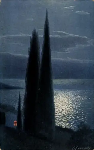 Künstler Ak Klimenko, F., Wasserpartie, Bäume, Nacht