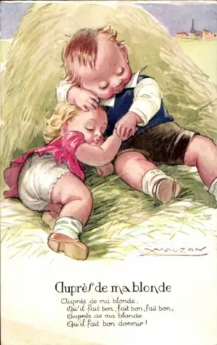 Künstler Ak Mauzan, Kinder schlafen am Stroh, Aupres de ma blonde