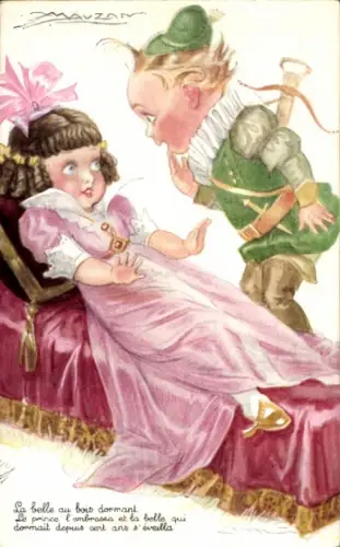 Künstler Ak Mauzan, La belle au bois dormant, Prinzessin, Jäger