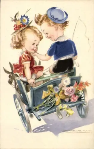 Künstler Ak Mauzan, Junge und Mädchen in einem Eselkarren