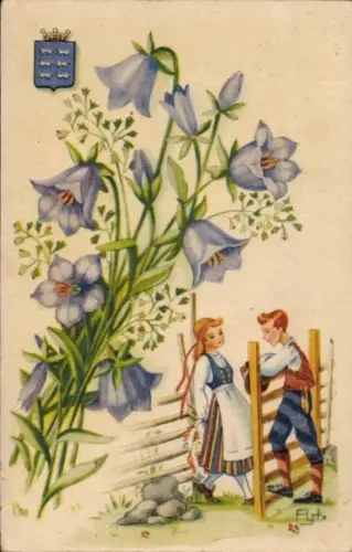 Künstler Ak Finnland, Liebespaar in Trachten, Blumen, Wappen