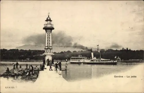 Ak Genf Stadt Schweiz, Leuchtturm, Dampfschiff, Pier, Genfersee, Menschen
