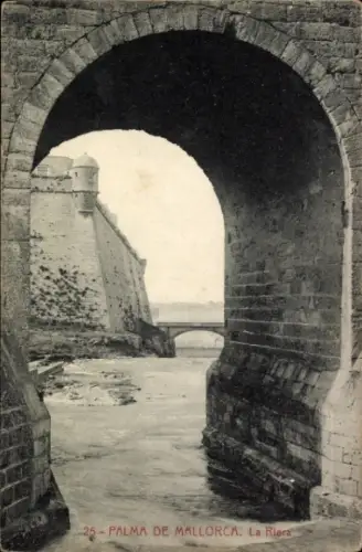 Ak Palma de Mallorca Balearische Inseln, Blick durch einen Bogen, Festung, Wasser, Brücke, Palma 
