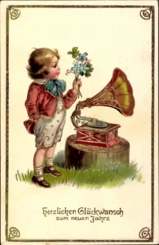 Präge Litho Fröhliches Neujahr, Grammophon, Kind mit Vergissmeinnicht und Klee