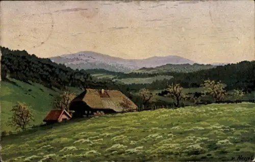 Künstler Ak Schwarzwald, Landschaftsmotiv, Schwarzwaldhaus