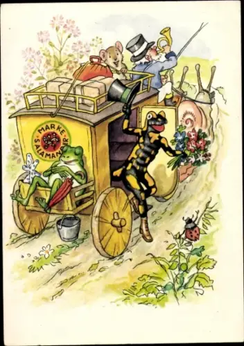 Künstler Ak Reklame, Salamander, Lurchi, Postkutsche, Schneckenpost, Frosch, Maus