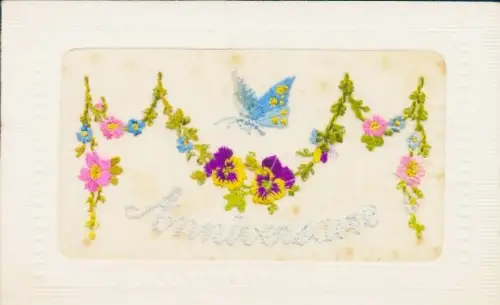 Seidenstick Ak Kitsch, Blumen, Schmetterling, Stiefmütterchen
