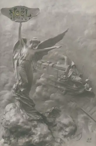 Künstler Ak Mastroianni, D., Glückwunsch Weihnachten, Engel, Eisenbahn