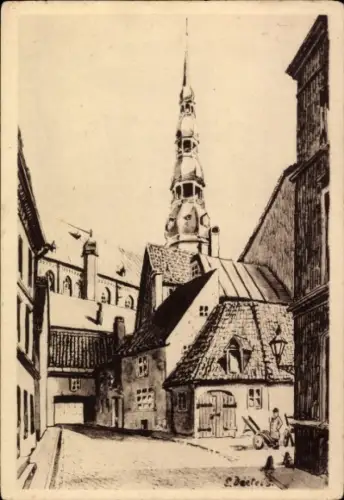 Künstler Ak Deeters, E., Riga Lettland, Straße, Turm, Häuser