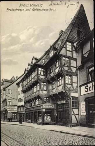 Ak Braunschweig in Niedersachsen, Blick in die Breitestraße, Eulenspiegelhaus, Flohwinkel