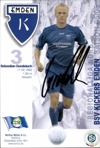 Autogrammkarte Fußballer Sebastian Gundelach, BSV Kickers Emden, Autogramm