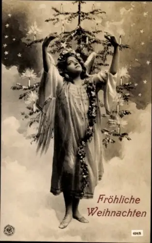 Ak Frohe Weihnachten, Engel mit Kerzen, Tannenbaum