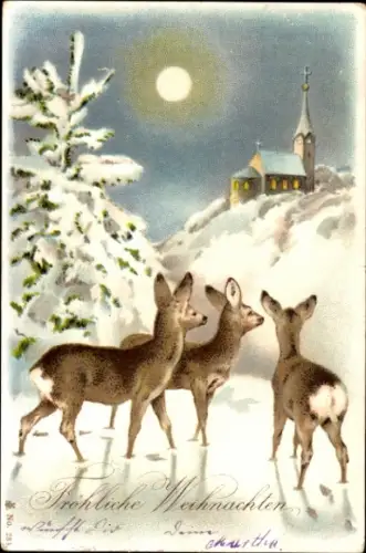 Ak Frohe Weihnachten, Winterlandschaft, Rehe, Kirche